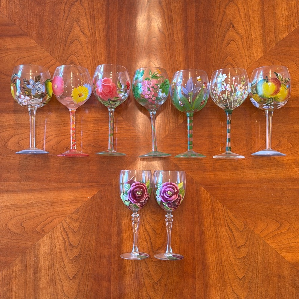 10 hand painted wine glasses in varying sizes